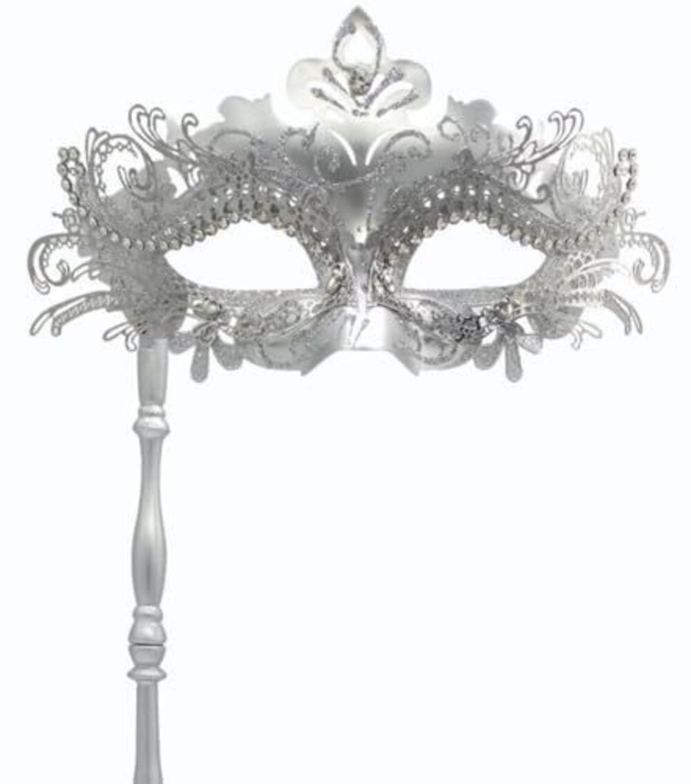 8598 Masquerade Mask Handheld Venetian Silver Mardi Gras Mask Set